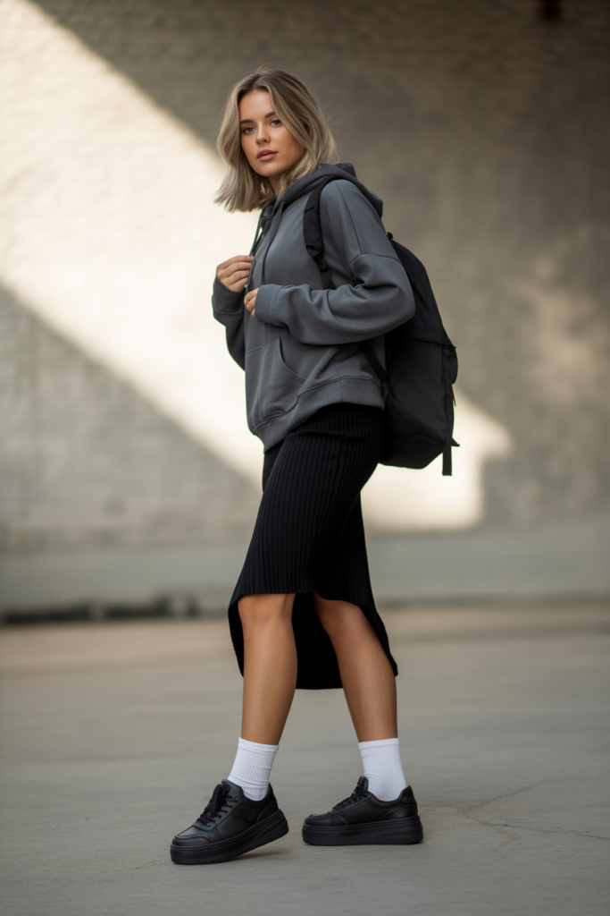 Black Ribbed Knit Skirt With Hoodie