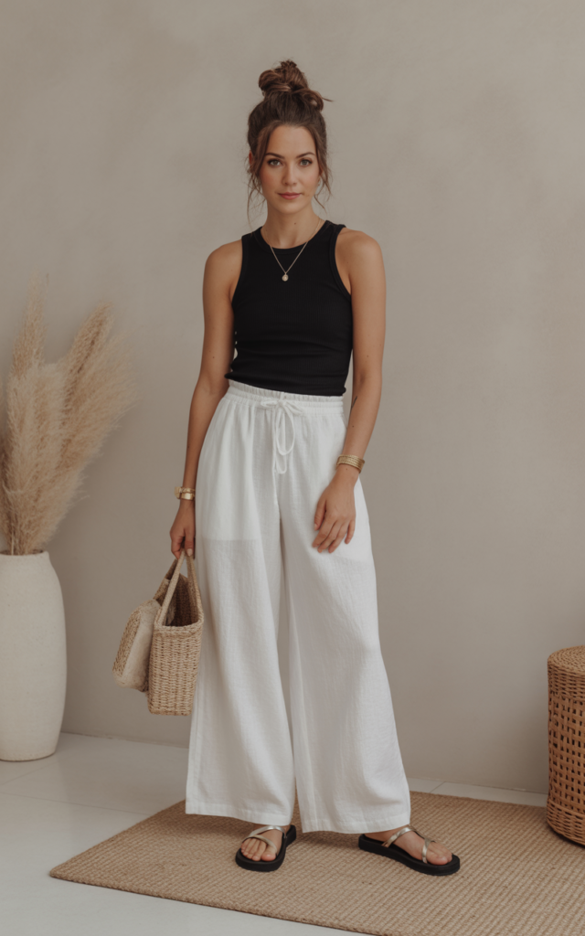 Black Ribbed Tank + Linen Pants + Minimal Sandals