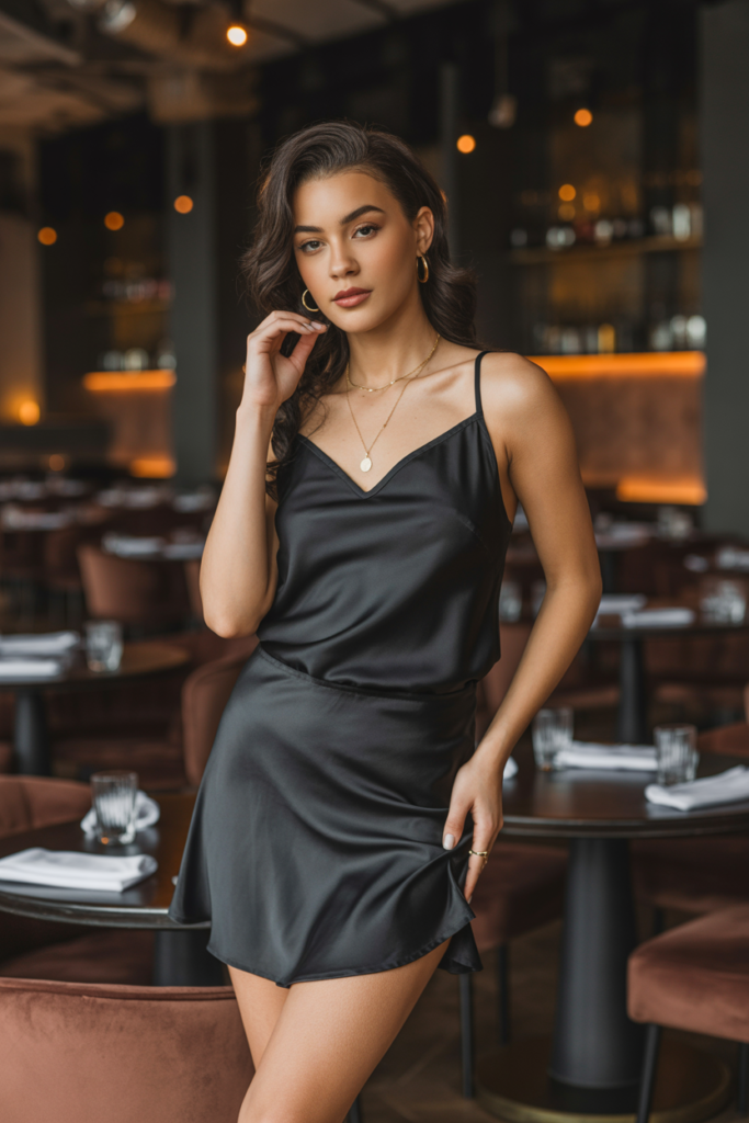 Black Satin Slip Skirt With Cami Top
