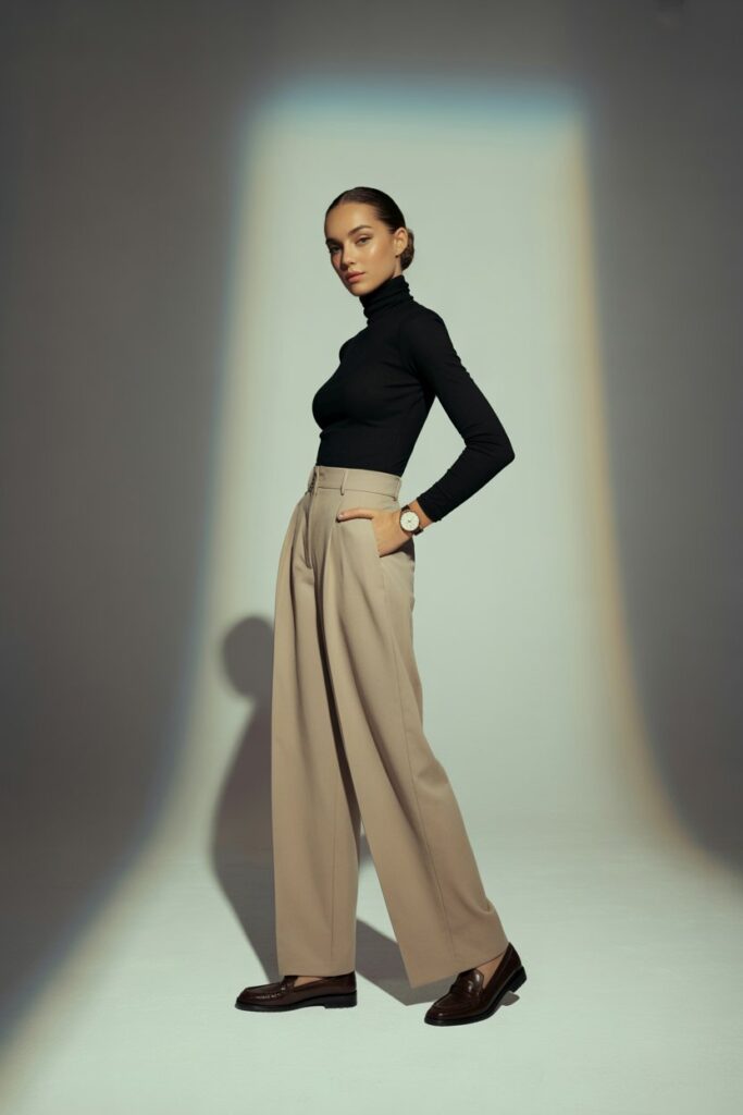 Black Turtleneck + Beige Trousers For A Minimalist Look