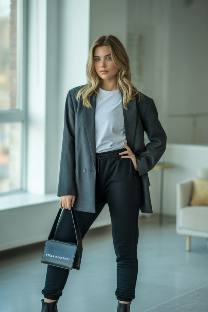 Blazer Over Fitted Sweatpants And Tee