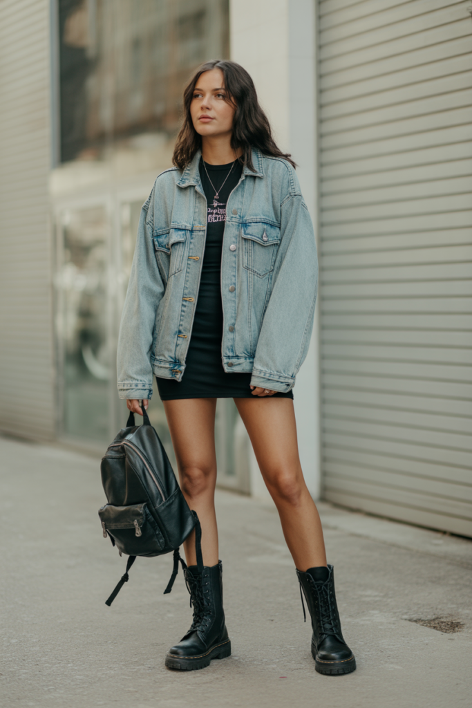 Bleached Denim Jacket + Mini Dress + Combat Boots