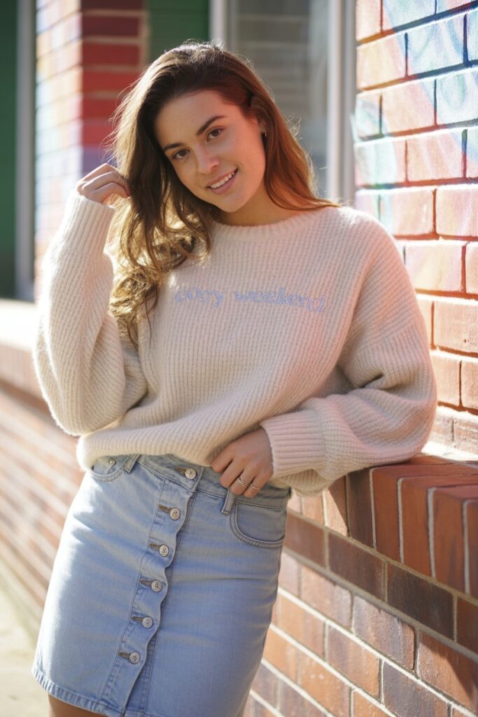 Button-Down Denim Skirt + Knit Sweater for a Cozy Weekend