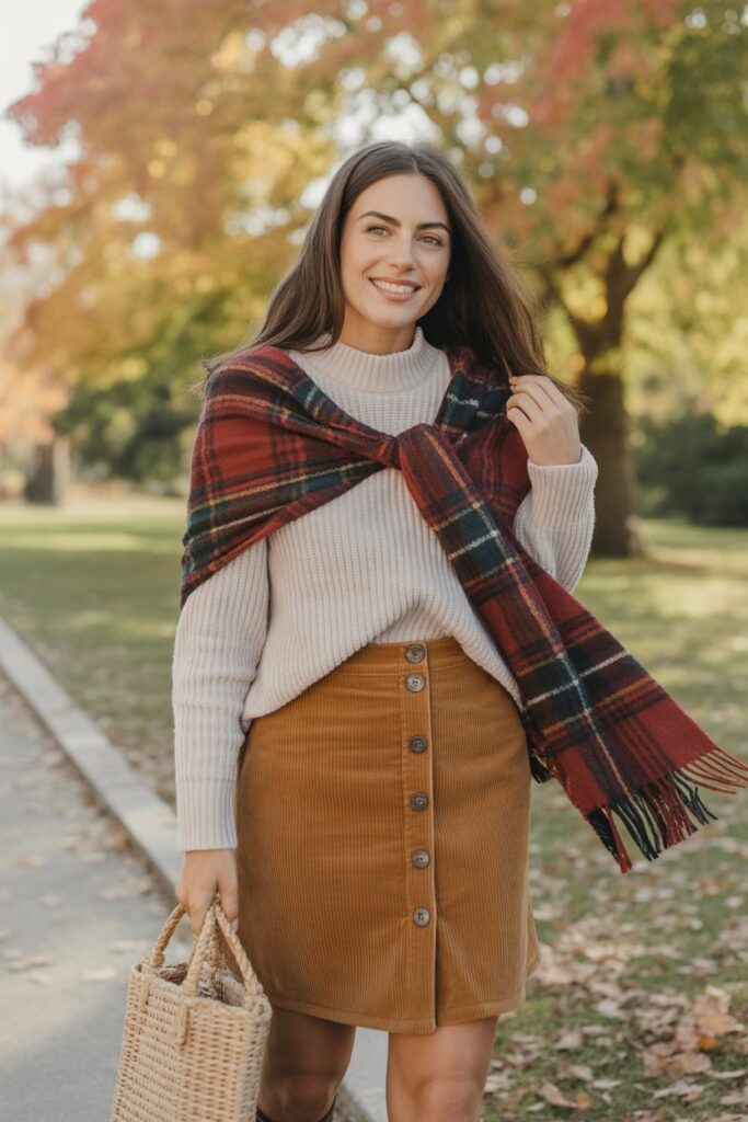 Button-Front Skirt + Sweater + Plaid Scarf