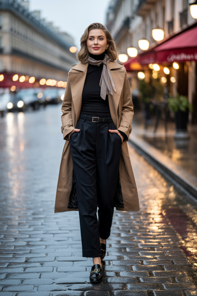 Camel Trench Coat + Slacks For Transitional Seasons