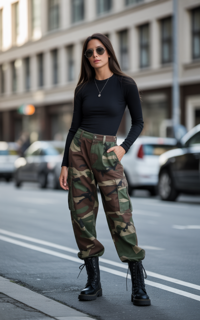 Camo Cargos + Black Bodysuit + Combat Boots