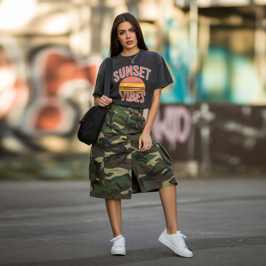 Camo Print Cargo Skirt With Graphic Tee