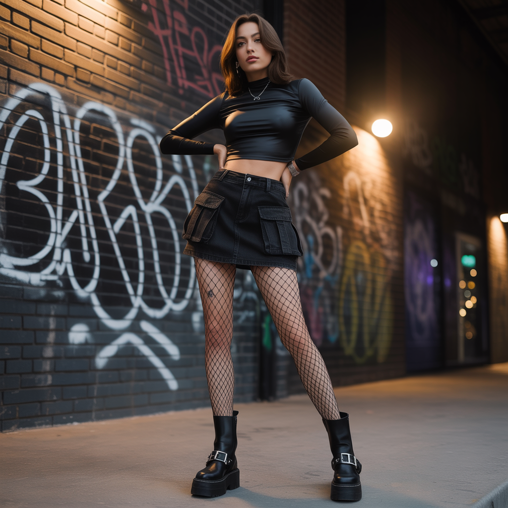 Cargo Mini Skirt With Fishnet Tights