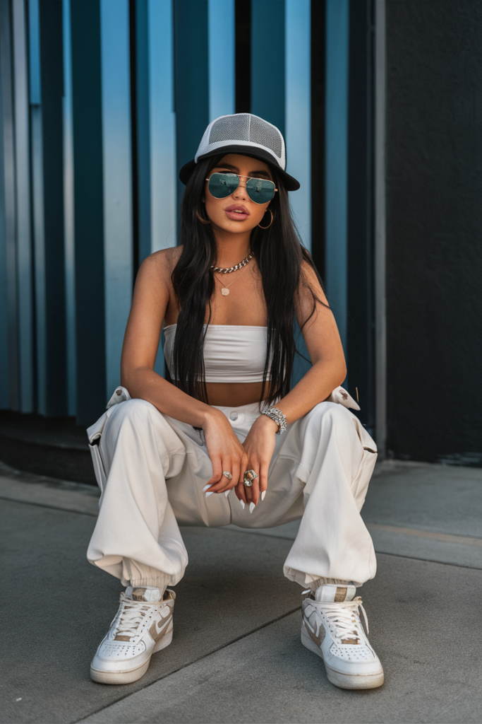 Cargo Pants with Tube Top and Trucker Hat