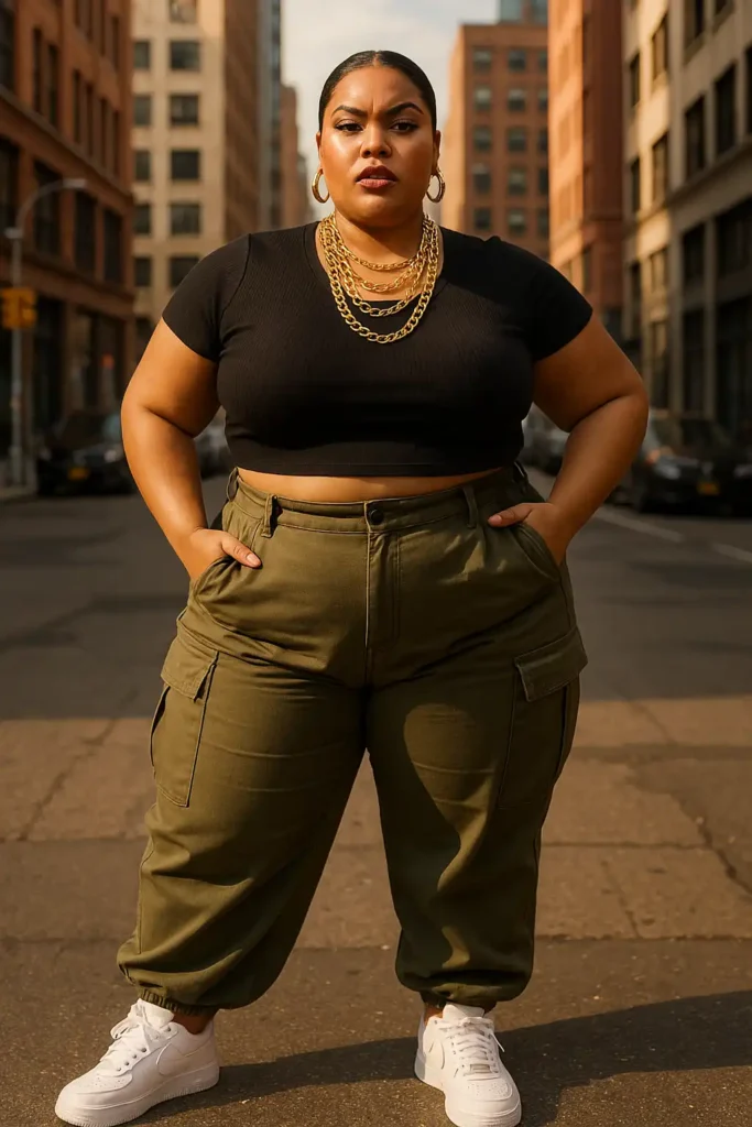 Crop Top and Cargo Pants with Air Force 1s and Layered Chains