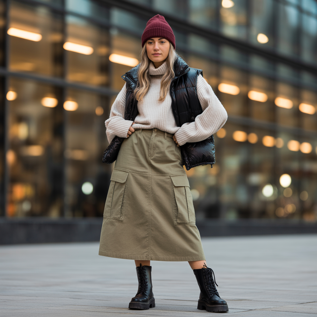 Cargo Skirt With Puffy Vest And Turtleneck