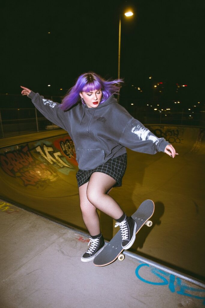 Checkerboard Mini Skirt With Hoodie And Fishnets