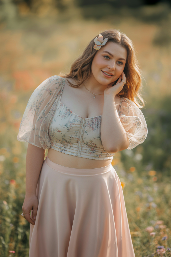 Chiffon Midi Skirt + Crop Blouse + Petal Hair Clips