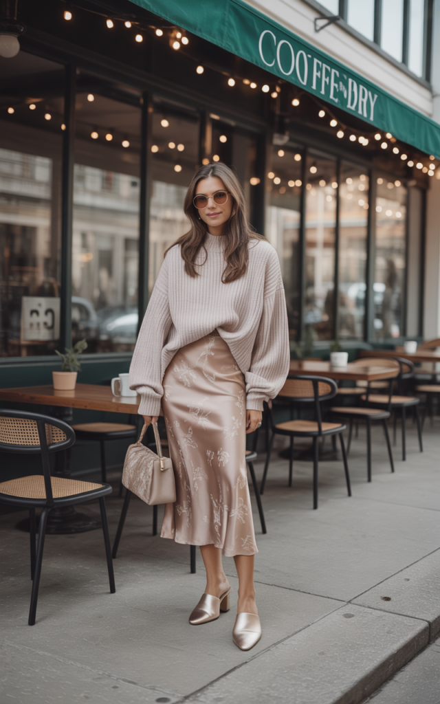Chunky Sweater + Satin Midi Skirt + Mules