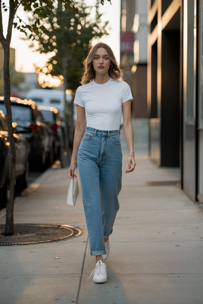 Classic White Tee & High-Waisted Blue Jeans