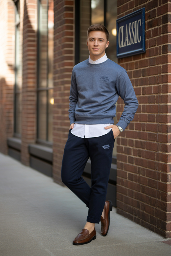 Collared Shirt Under Crewneck With Sweatpants