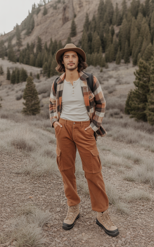 Corduroy Cargos + Henley + Hiking Boots