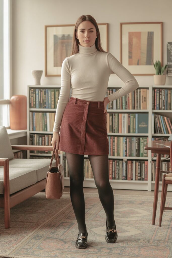 Corduroy Skirt + Turtleneck + Tights