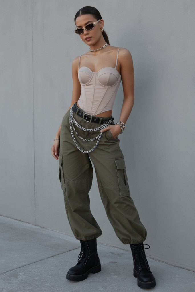 Corset Top + Cargo Pants + Chain Belt