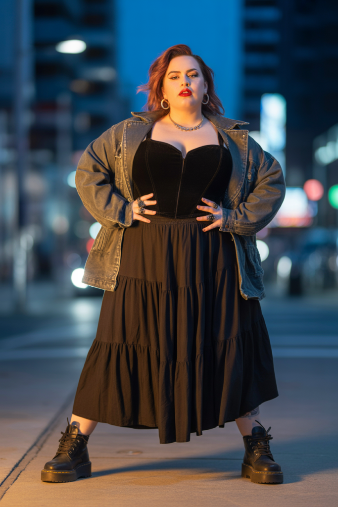 Corset Top With Layered Maxi Skirt And Leather Jacket