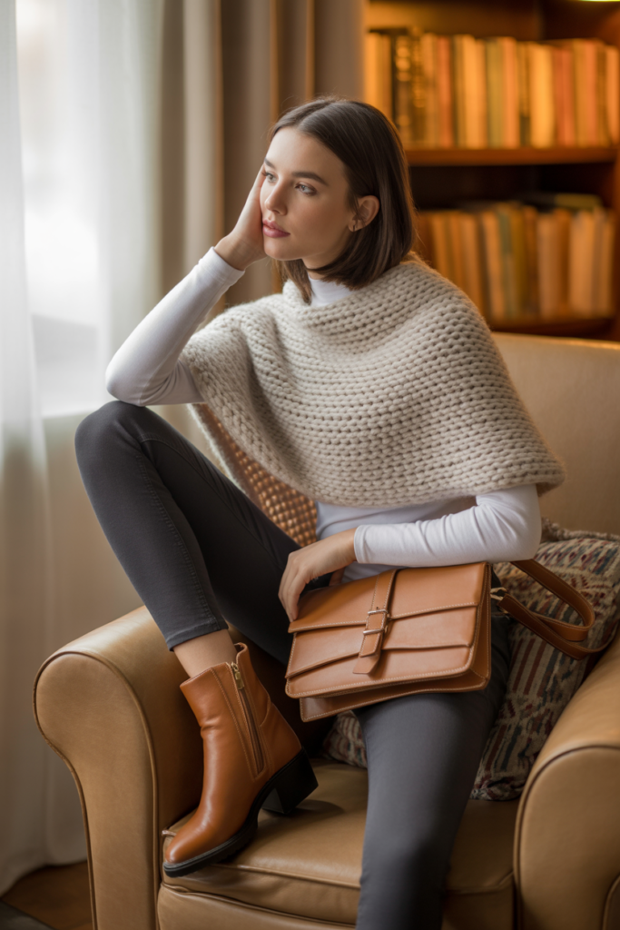 Cozy Knit Poncho With Skinny Pants
