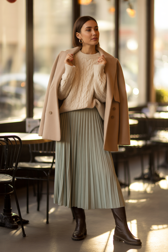 Cream Cable-Knit Sweater + Midi Skirt For Cozy Elegance