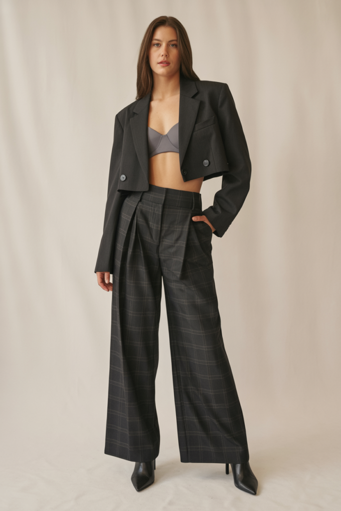 Cropped Blazer + Wide-Leg Pants + Bra Top