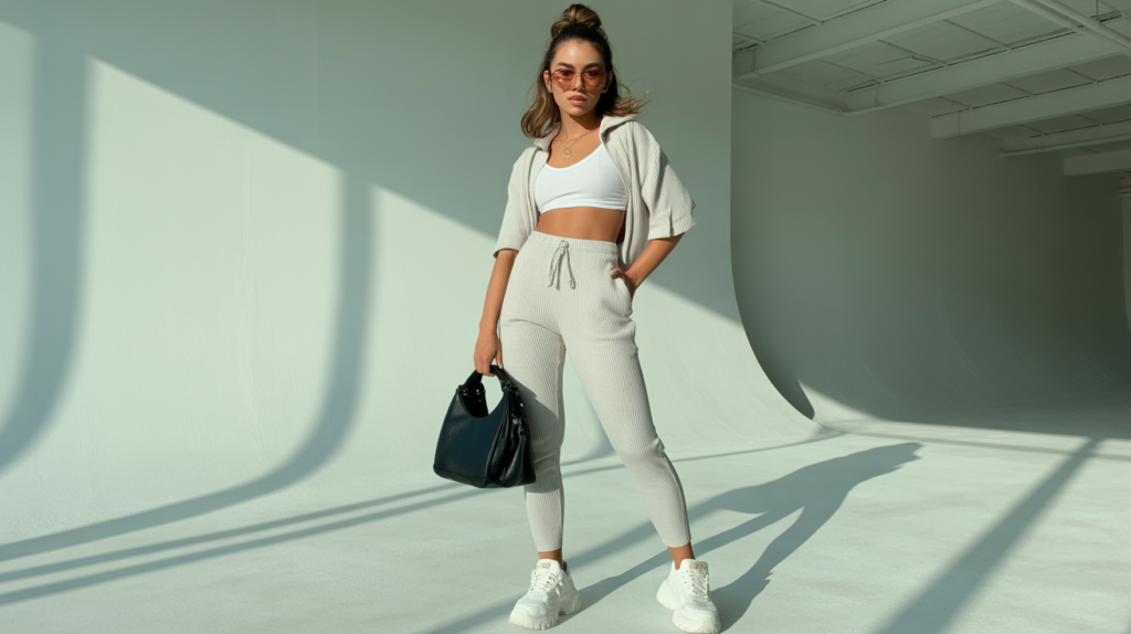 Cropped Cami With Track Pants And Sports Sunglasses