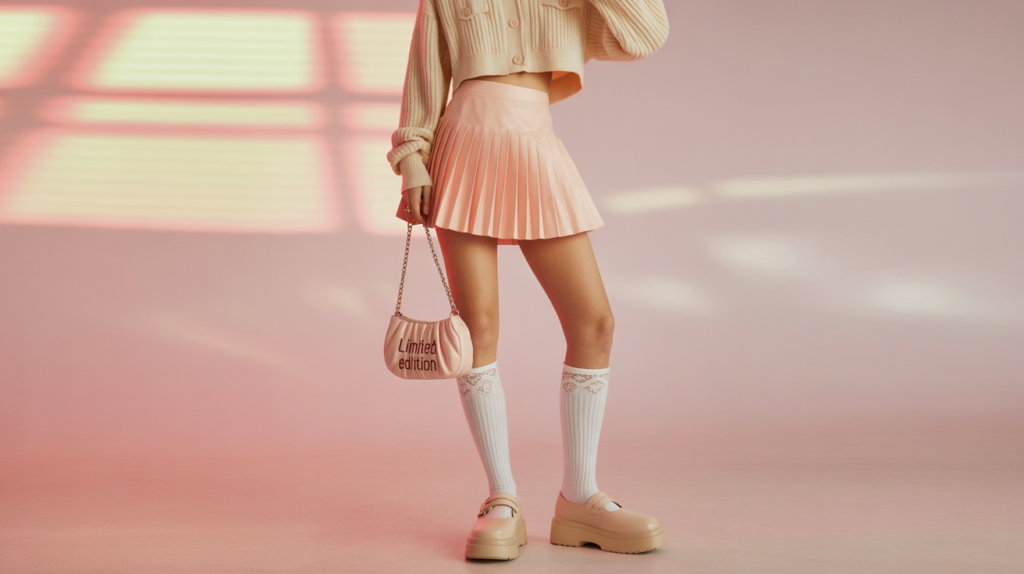 Cropped Cardigan With Pleated Mini Skirt And Knee Socks