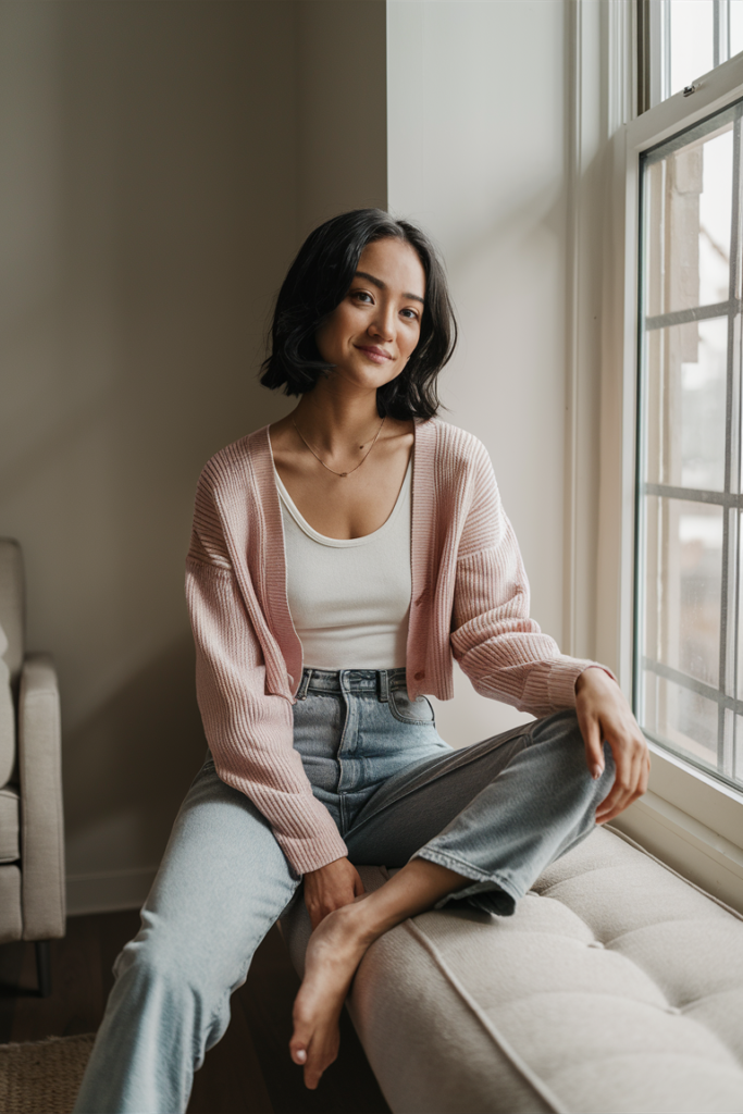 Cropped Cardigan with High-Rise Jeans