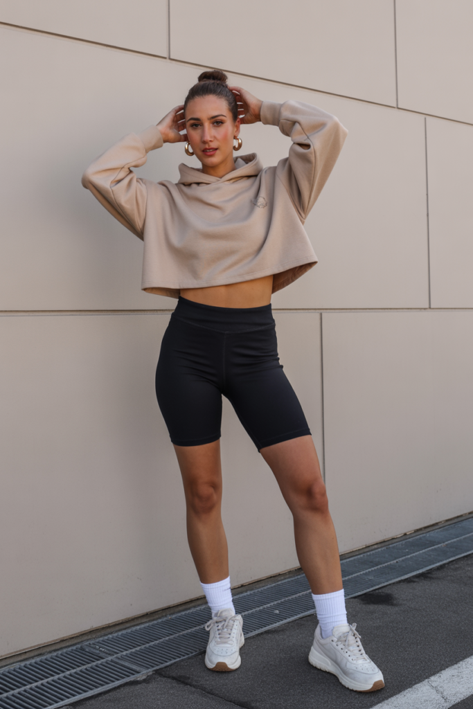 Cropped Hoodie + Biker Shorts + Gold Hoops