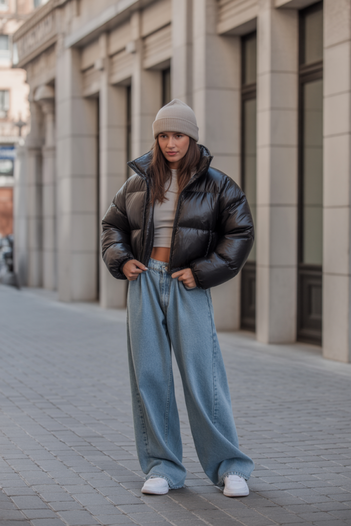 Cropped Puffer + Baggy Jeans