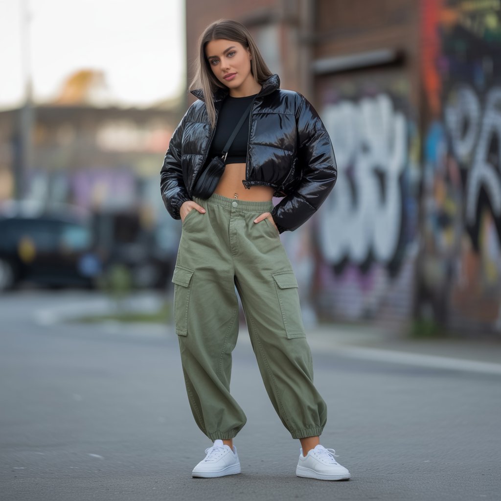 Cropped Puffer Jacket With Cargo Pants