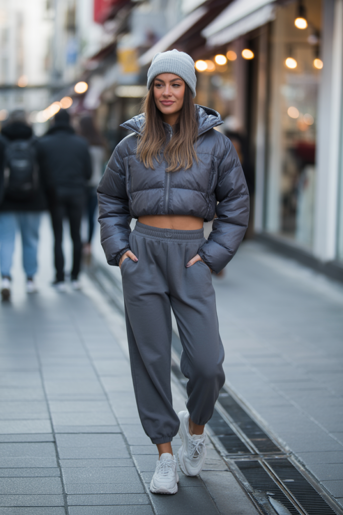 Cropped Puffer Jacket With Joggers