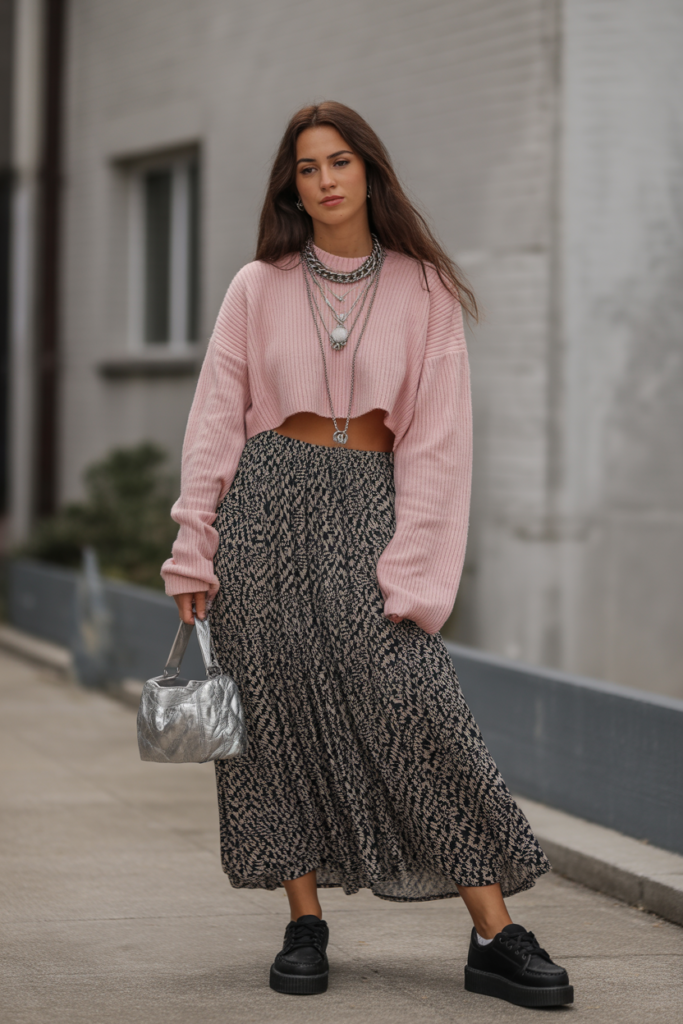 Cropped Sweater + Layered Necklaces + Maxi Skirt
