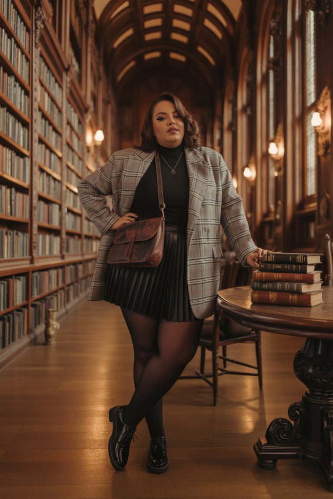 Dark Academia Blazer With Pleated Skirt And Turtleneck