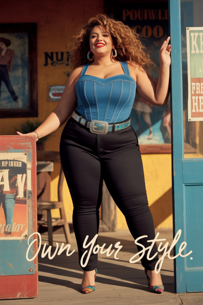 Denim Corset Top + Black Jeans + Statement Belt