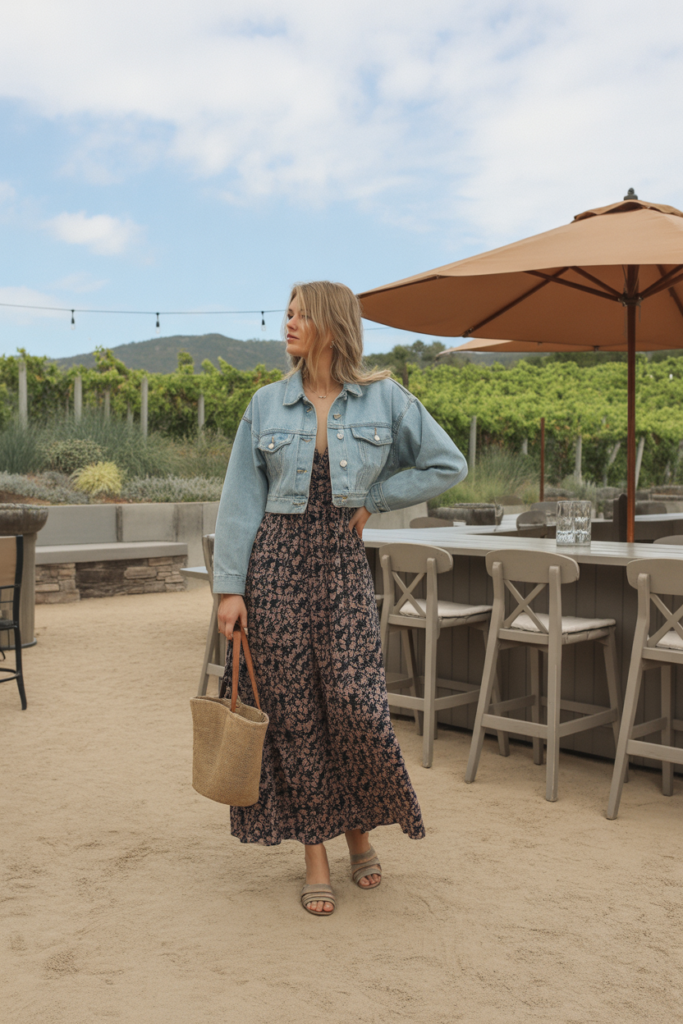 Denim Jacket + Printed Maxi Dress