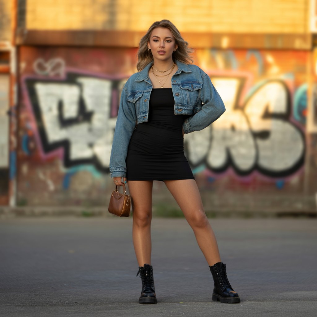 Denim Jacket With Mini Dress And Boots
