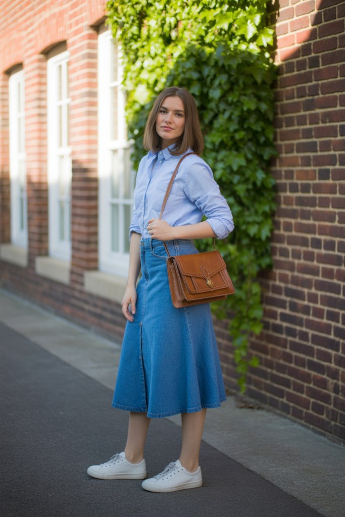 Denim Midi Skirt + Button-Down Shirt for a Preppy Look