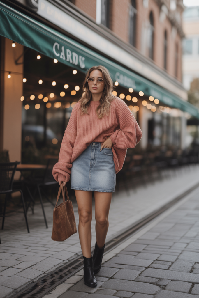 Denim Mini Skirt + Oversized Sweater