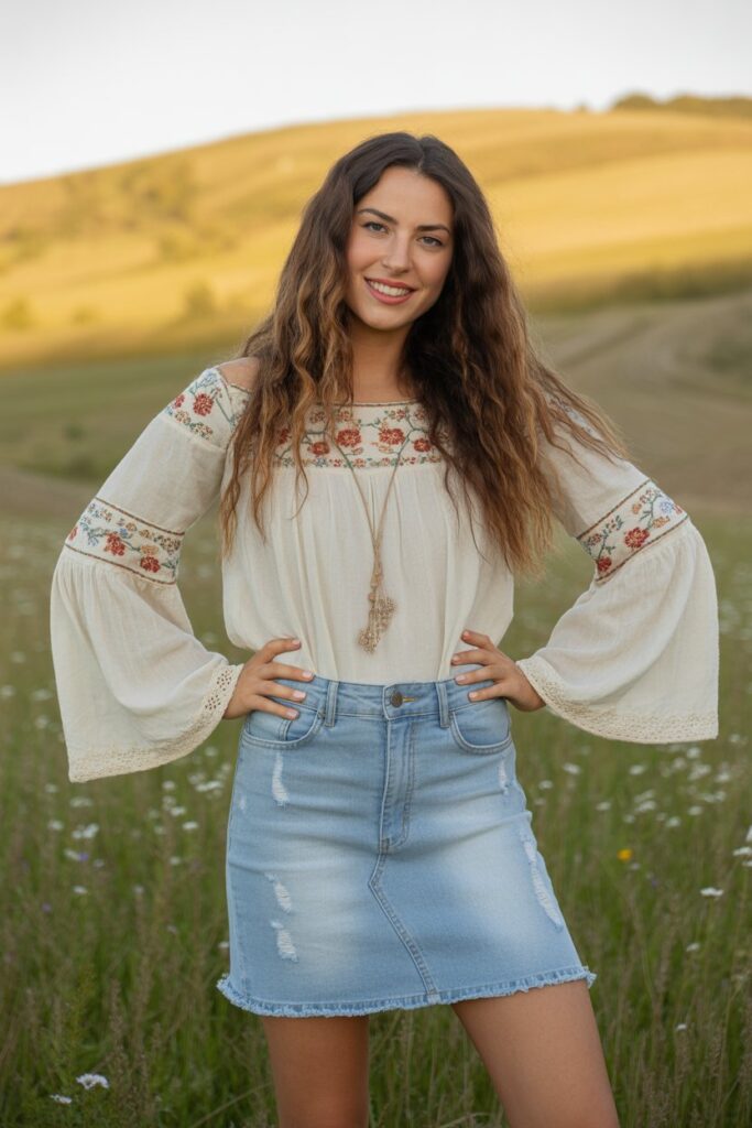 Denim Skirt + Bohemian Top for a Free-Spirited Look