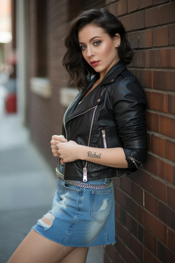 Denim Skirt + Leather Jacket for a Rocker Chic Vibe