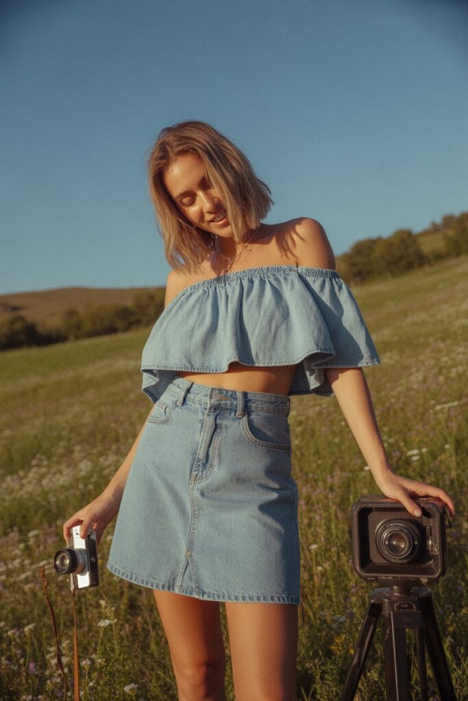 Denim Skirt + Off-Shoulder Top for a Boho Summer Vibe