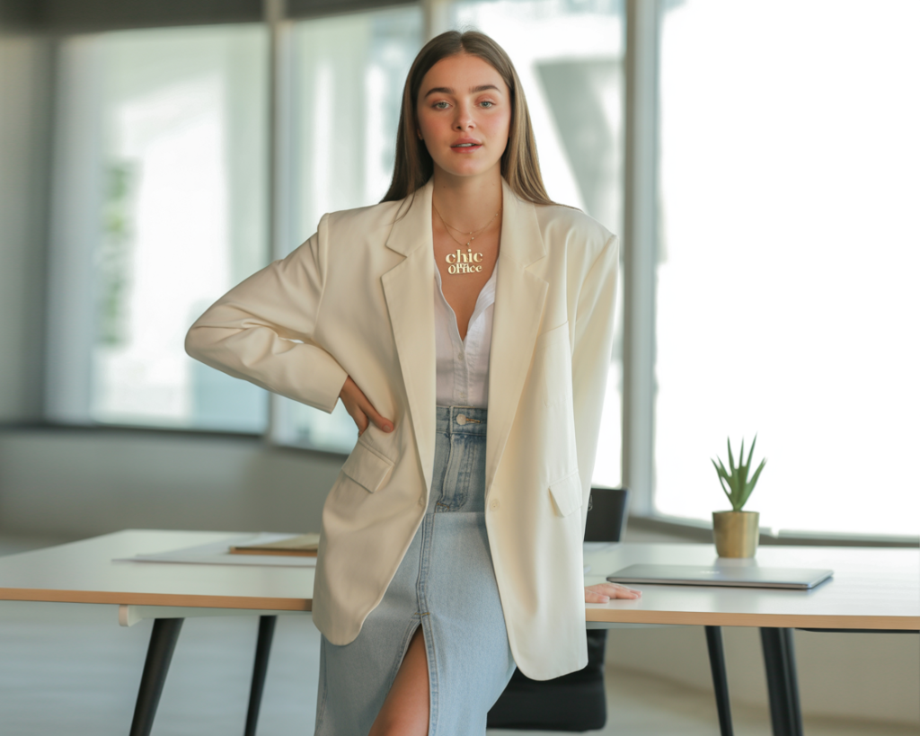 Denim Skirt + Oversized Blazer for a Chic Office Look