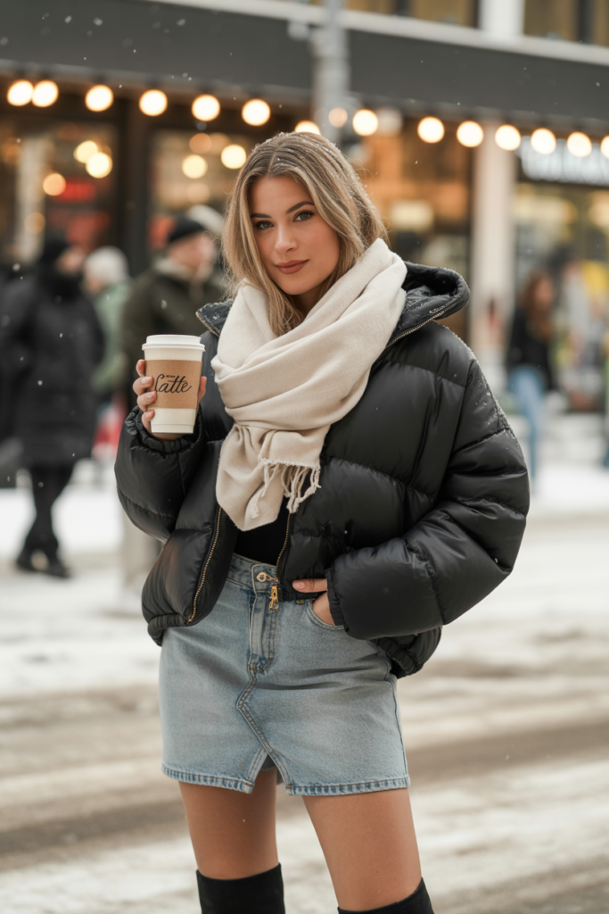 Denim Skirt + Puffer Jacket for a Chic Winter Look