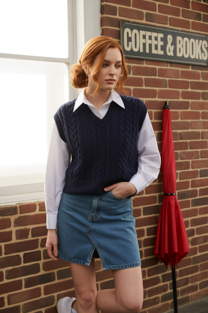 Denim Skirt + Sweater Vest for a Preppy, Trendy Look