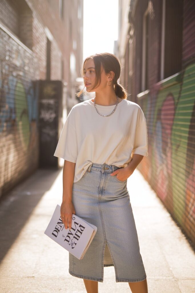 Denim Skirt + T-Shirt Dress for a Laid-Back Look