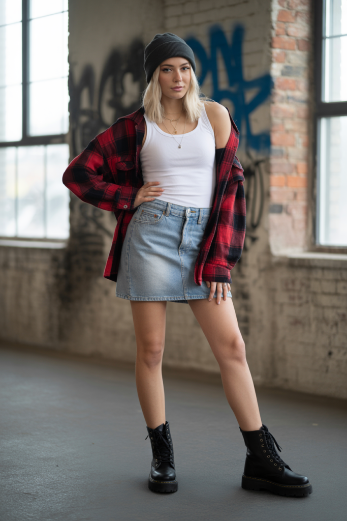 Denim Skirt With White Tank And Flannel