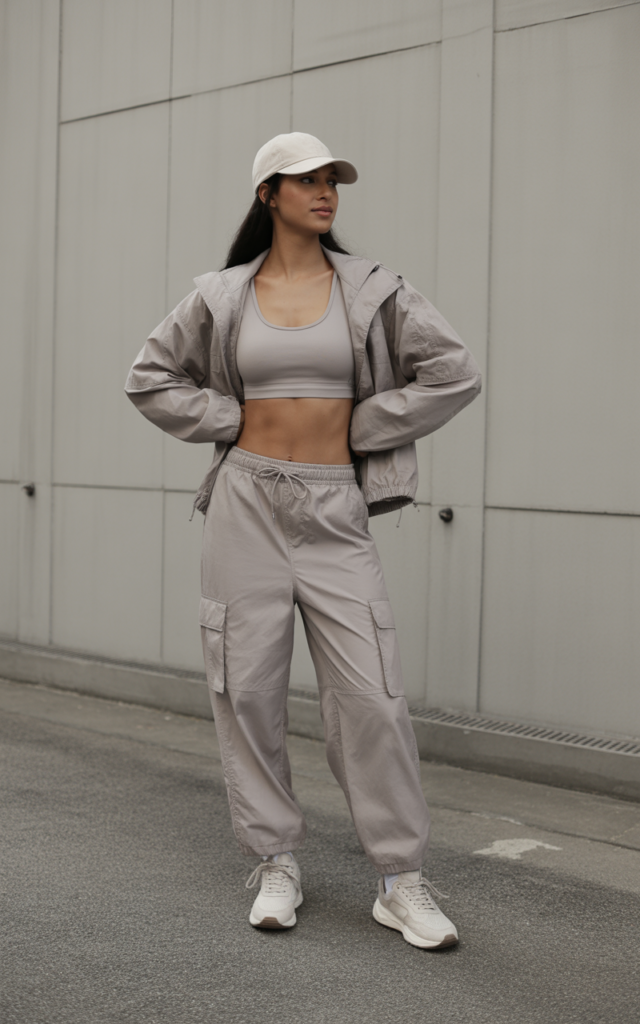 Drawstring Cargos + Sports Bra + Windbreaker